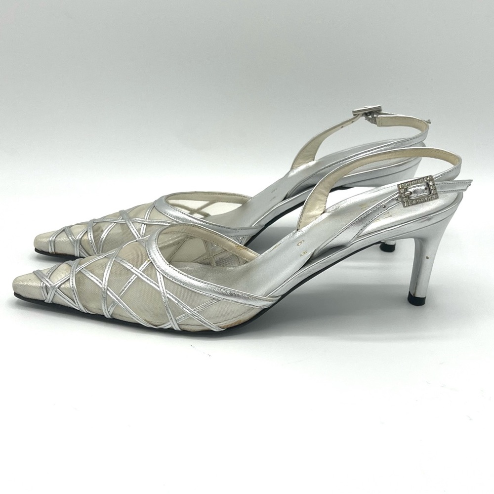 Vintage Stuart Weitzman Silver Slingback Heels, Size 6 - Picture 4 of 8